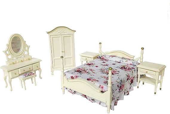 iLAND Dollhouse Furniture 1/12 Scale Victorian Bedroom 6pcs, Handcrafted Doll House Furniture and Accessories Set, Cream-Colored Wooden Mini Bed Dresser Wardrobe End Tables, Ideal Gift Fits 4-6" Doll