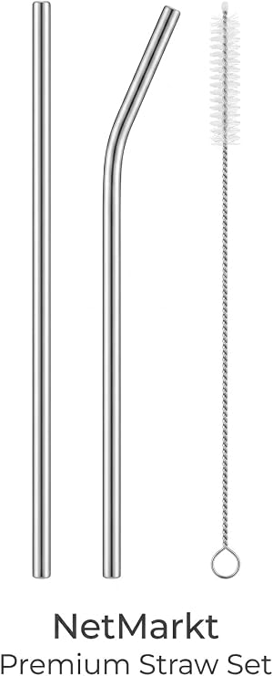 Paslanmaz Çelik Pipet Seti - 2 Adet Tekrar Kullanılabilir Metal Pipet (1 Düz, 1 Eğri) ve 1 Adet Temizleme Fırçası, Çevre Dostu, Bulaşık Makinesinde Yıkanabilir Ekolojik Pipet Seti
