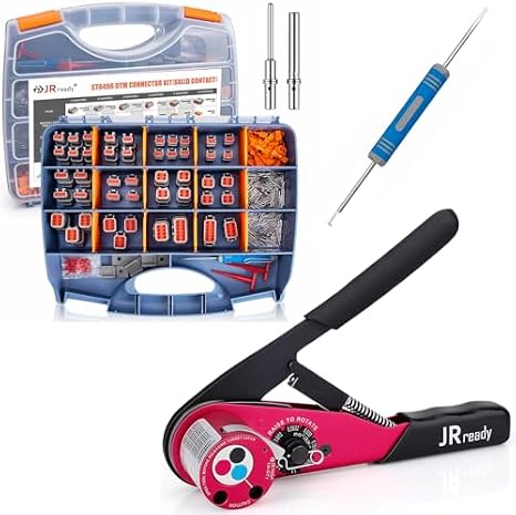 JRready ST6496 DTM Deutsch Connector Kit, ACT-DT1 Deutsch Crimp Tool Turret-Style (HDT-48-00 Equivalent), 2 3 4 6 8 12 Pin DT Connectors with Size 20 Solid Contacts 20-22AWG