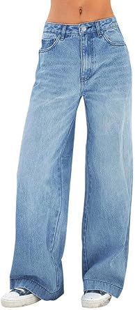 EMMIOL Women's 2026 Wide Leg Jeans Distress Mid Waist Stretchy Denim Pants Vintage Y2K Trousers