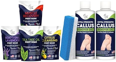 Foot Soak with Epsom Salts- Variety Pack of 4- Tea Tree Oil, Muscle Relief, Calming Lavender & Citrus Soak Callus Remover for Feet with Extra Strength Gel & Foot Pumice Stone Set