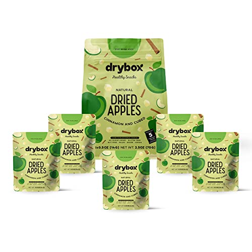 Drybox Dried Cinnamon Apple Cube Snack Packs, No Sugar Added Dried Apples with Sweet Cinnamon | Non-GMO Gluten Free Paleo Keto Snack for School Exercise or Offices | .5 oz of healthy fruit in each portion pack, 5 Packs 2.5 oz total