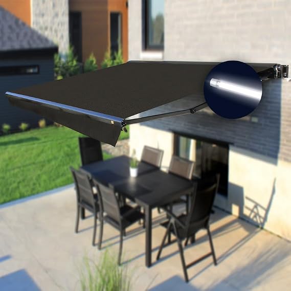 Motorized Awning | Retractable Sun Shade Black Casing with LED | Includes Remote Control & Wind Sensor | Brasilia Europa Collection | 10' W x 8' L - Black