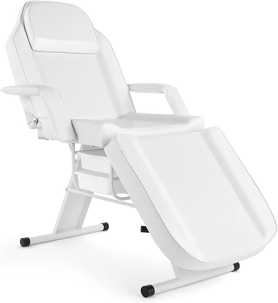 OmySalon Massage Salon Tattoo Chair Esthetician Bed with Beauty Basket, Professional Tattoo Table Salon Spa Equipment for Facial Spa Beauty Eyelash Extensions Barber Waxing Microblading,White