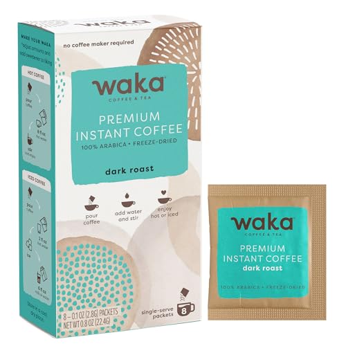 Waka Premium Instant Coffee Sachets 100% Arabica Freeze Dried Beans For Hot or Iced Coffee 8 Count, Dark Roast