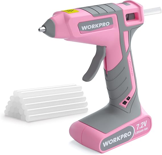 WORKPRO Pink Cordless Hot Melt Glue Gun with 20 Pcs Mini Glue Sticks