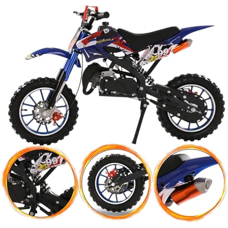 50cc Kids Dirt Bike, 2-Stroke Mini Bike, Dirt Bike for Kids 8-14,Gas Power Pocket Rocket Bike with 10 Wheel & Front Rear Disc Brakes,Off Road Mini Motorcycle Max Speed 25MPH Blue