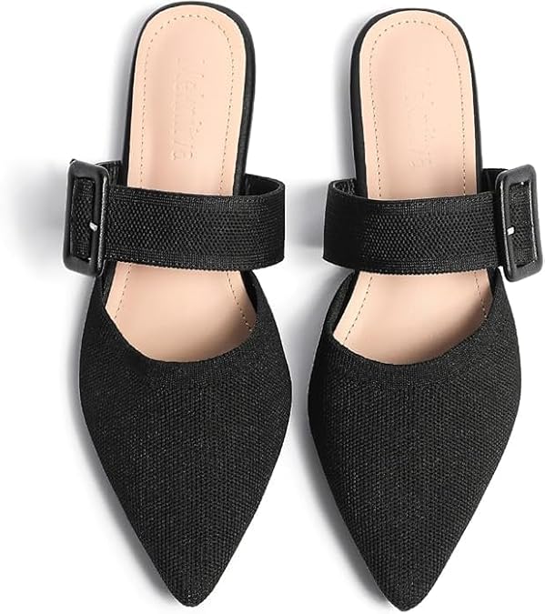 Pointed Toe Mules for Women Flats,Wide Width Mules,Slip On Mules Backless, Black Size 8