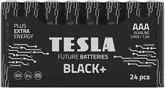 Tesla Batteries Black+ AAA Maximum Power Alkaline Batteries, 10- Year Shelf Life, A Long-Lasting Battery Life, Leak-Free, 24 Count [Pack of 1]