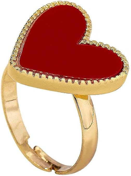 Red Enamel Cute Sweet Heart Stackable Finger Ring Gold-Tone Plated Simple Adjustable Band Rings Friendship Engagement Wedding Party Festival Accessories Charm Jewelry for Women Girlfriend Valentine