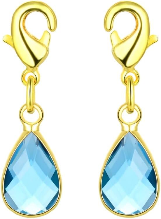 Adabele 2pcs Clip On Dangle March Aquamarine Blue Birthstone Pendant Drop Beads Tarnish Resistant Gold Lobster Clasp Connector for Jewelry Craft Making BL8-3