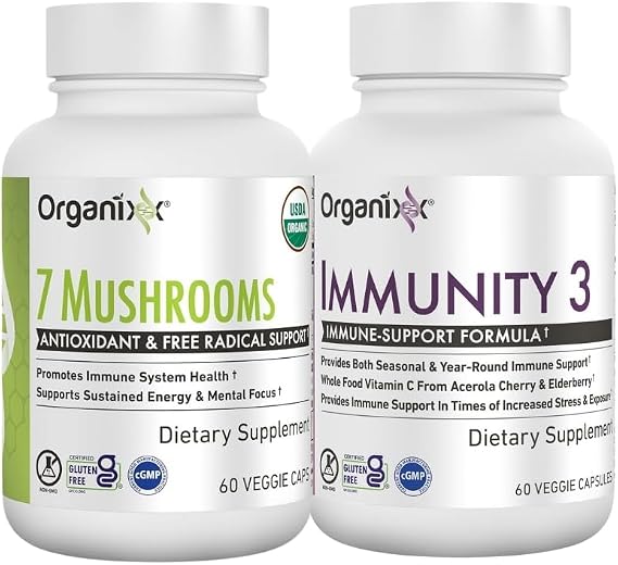 Organixx 7 Mushrooms & Immunity 3 Bundle, Organic Immune Support with Vitamin C, Zinc & Elderberry Plus 7 Functional Mushrooms for Energy & Well-Being, Vegan, Gluten Free, 60 Capsules Each