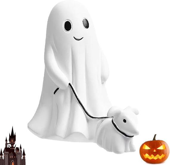 Audaisyly Ghost Walking Dog Statue Decor, Cutest Halloween Spooky Ghost Dog Resin Figurine, Perfect for Home Front Porch Decor and Outdoor Garden Tabletop Sculpture Decoration