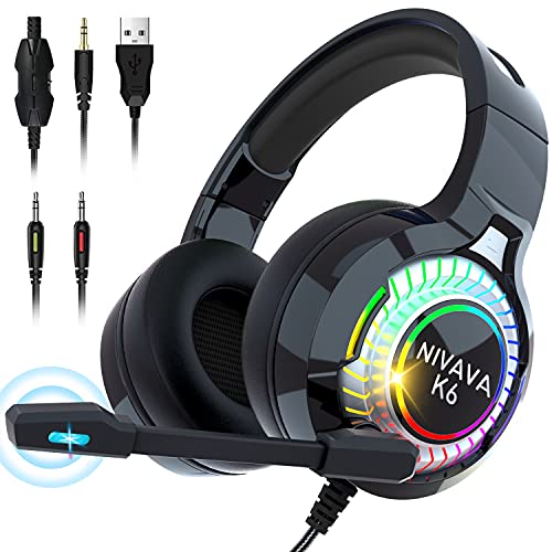 Gaming Headset for PS4, PC Headphones with Microphone LED Light Mic for Nintendo Switch PS5 Playstation Computer, K6Black