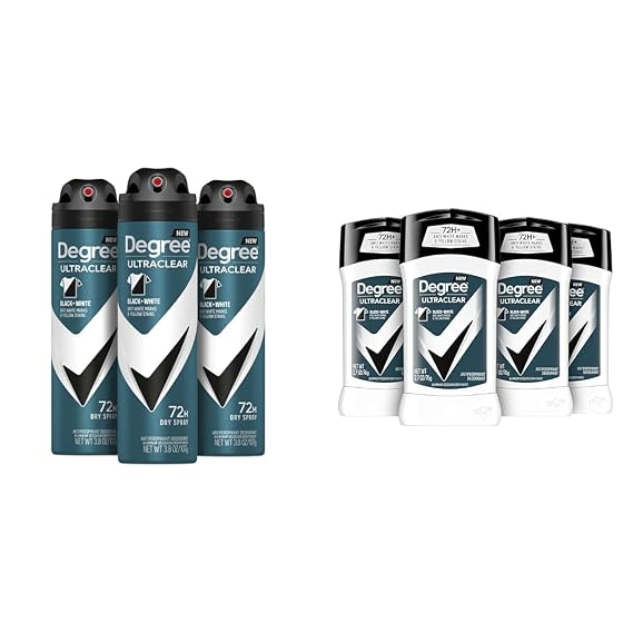 Degree Men Antiperspirant Deodorant Dry Spray Black + White 3 Count & Men UltraClear Antiperspirant Deodorant Black + White 4 count 72-Hour Sweat & Odor Protection