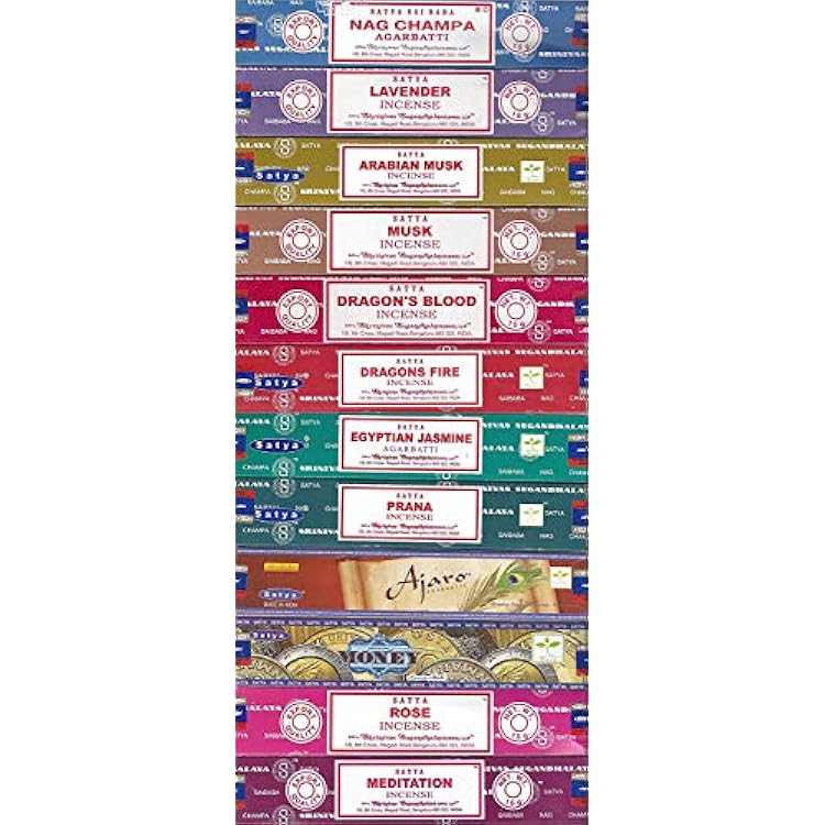 Set of 12 Nag Champa, Lavender, Arabian Musk, Egytian Jasmine, Musk, Dragons Fire, Dragons Blood, Prana, Ajaro, Money, Rose, Meditation by Satya Incense Bangalore BNG