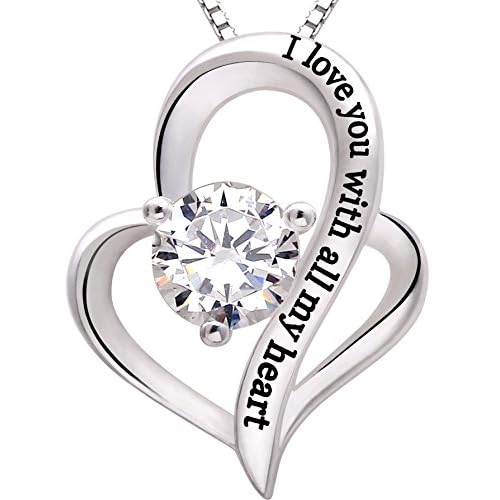 ALOV Jewelry Sterling Silver I love you with all my heart Love Heart Cubic Zirconia Necklace
