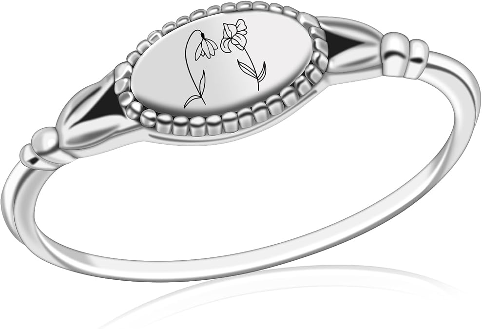 Birth Month Ring for Women Personalized Birthday Flower Signet Rings 925 Sterling Silver Vintage Rings Personalized Gift with Birth Flowers for Mom Daughter Girlfriend Wife Friend