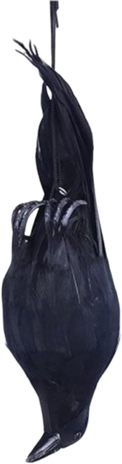 Hugsweet Realistic Hanging Dead Crows Decoy, 12 Inch Artificial Black Crow Decor,Lifesize Handmade Black Feathered Crow, Birds Model Decoration For Scaring Birds Re-pellent Party Haunted House