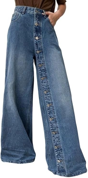 UOOZEE Ladies' Fashionable Retro High Waisted Single Breasted Jeans Casual Simple Wide Leg Denim Pants
