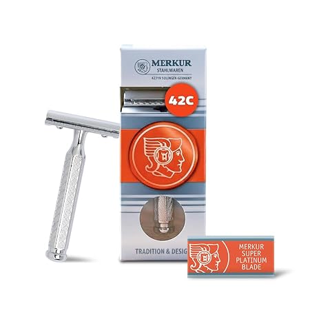 MERKUR 42C Double Edge Safety Razor, Hexagonal Handle, Three-Piece Design, Closed Comb Straight Bar, Bright Chrome Finish, Made in Germany