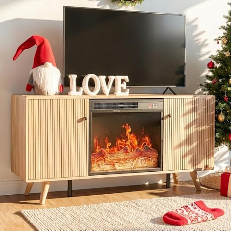 Manora Modern 54 Electric Fireplace TV Stand with Fluted Doors, Mid-Century Entertainment Center with Storage Cabinets for Living Room, Fits TVs up to 60, Oak Finish