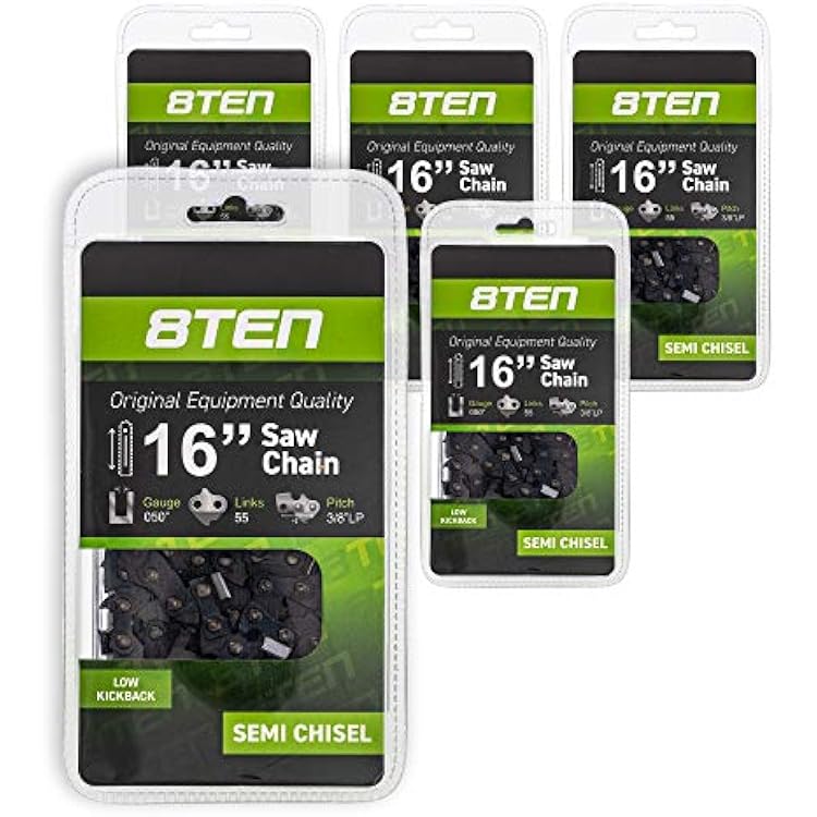 8TEN Chainsaw Chain 16 inch .050 .375 55 Drive Links for Stihl MS 180 91VXL055G 91PXL055G 3636 005 0055 5 Pack