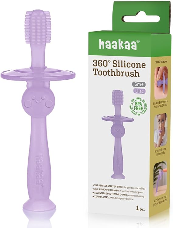 haakaa 360 Silicone Baby Toothbrush 100% Soft Food Grade Silicone, BPA-Free, Suction Base, Safe for Babies 6 Months+, Gentle Gum and Teeth Cleaning for Infants, Gum Massager (Lilac)