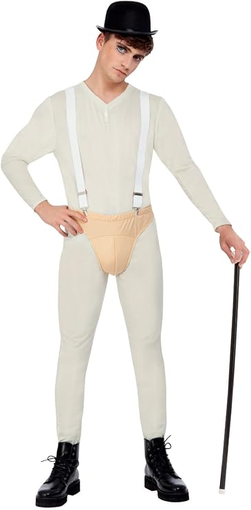 Smiffys Cult Classic Costume, White Bodysuit, Pants, Braces & Hat, Halloween Adult Fancy Dress, 1960s Dress Up Costumes