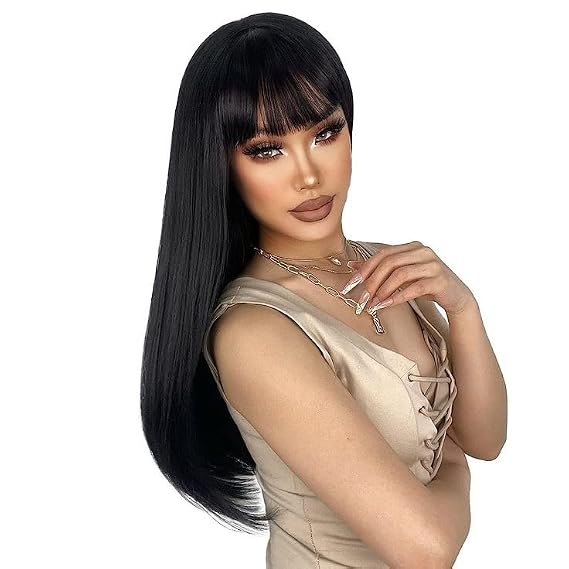 DDHAIR Long Black Wig with Bangs,Heat Resistant Fiber Synthetic Hair Cosplay Party Straight Wigs for White Women (Black)
