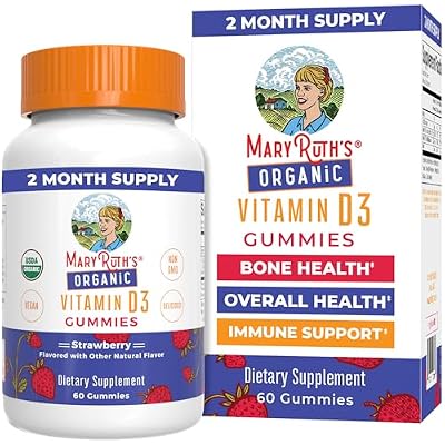 MARYRUTHS Organic Vitamin D3 Gummies | 1000 IU | USDA Organic | Immune Support| Bone Health | Muscle Function | for Adults & Kids Ages 2 | Vegan | Gluten Free | 2 Month Supply | 60 Count