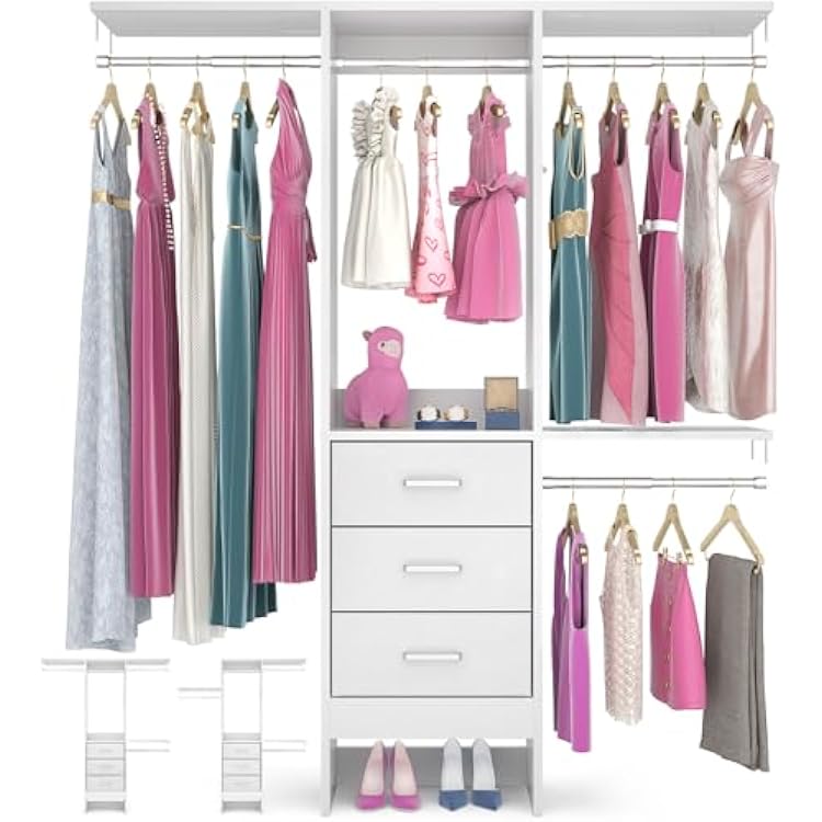 4FT Small Closet System with 3 Fabric Drawers, 48 Closet Organizer System With 3 Adjustable Shelves, Flexible Built-In Clothes Garment Rack for Small Space, 48 L x 13 W x 71 H, White