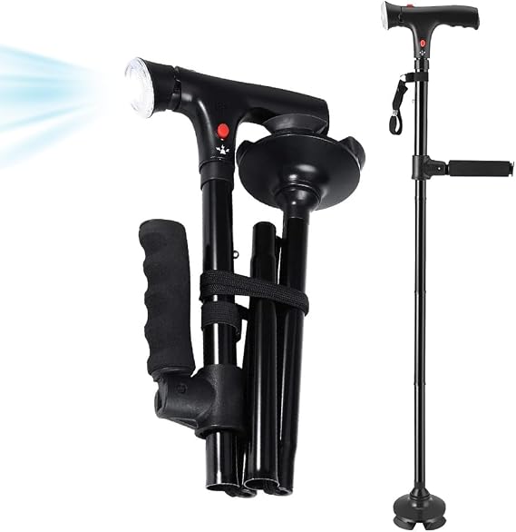 YANGUN Folding Walking Stick, Walking Cane with LED Light and Alarm, Portable Lightweight Folding Cane for Men and Women, Ergonomic Handle Grip Quad Base, Daily use for Elderly Adults