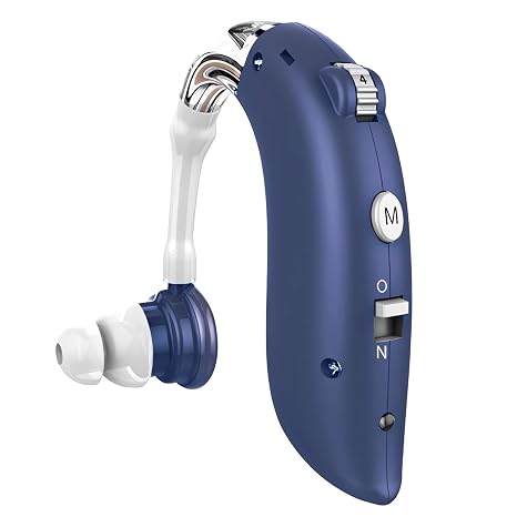 Wireless Rechargeable Hearing Aids with Bluetooth for Severe Hearing Loss - Noise Cancelling, BTE Amplifier for Seniors Old People Single (blue bluetooth)
