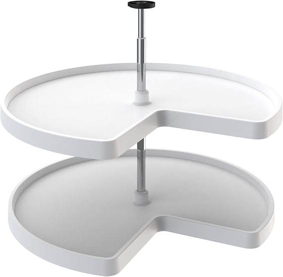 Rev-A-Shelf 32" Kidney Shaped Dual Tier Lazy Susan for Corner Base Cabinets | Double Shelf Spice/Can Organizer for Kitchen Storage, Plastic Swivel Shelves w/Adjustable Chrome Post, White, 3472-32-11-52