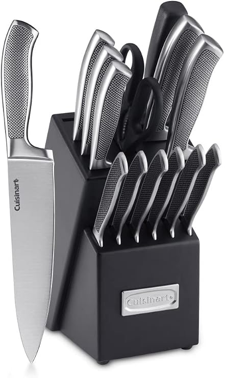 CUISINART Block Knife Set, 15pc Cutlery Knife Set with Steel Blades for Precise Cutting, Lightweight, Stainless Steel, Durable & Dishwasher Safe,C77SS-15P