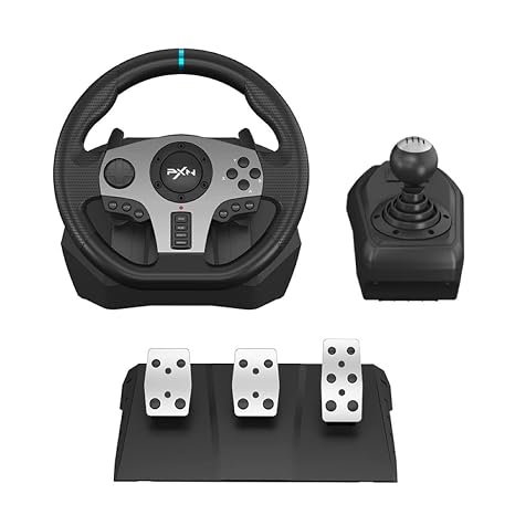 PXN V9 Steering Wheel for PC, PS4, Xbox, Switch - Universal Usb Sim Racing Wheel, APP, 270/900 Adjustable, 3 Pedals & Shifter Full Bundle(Black)