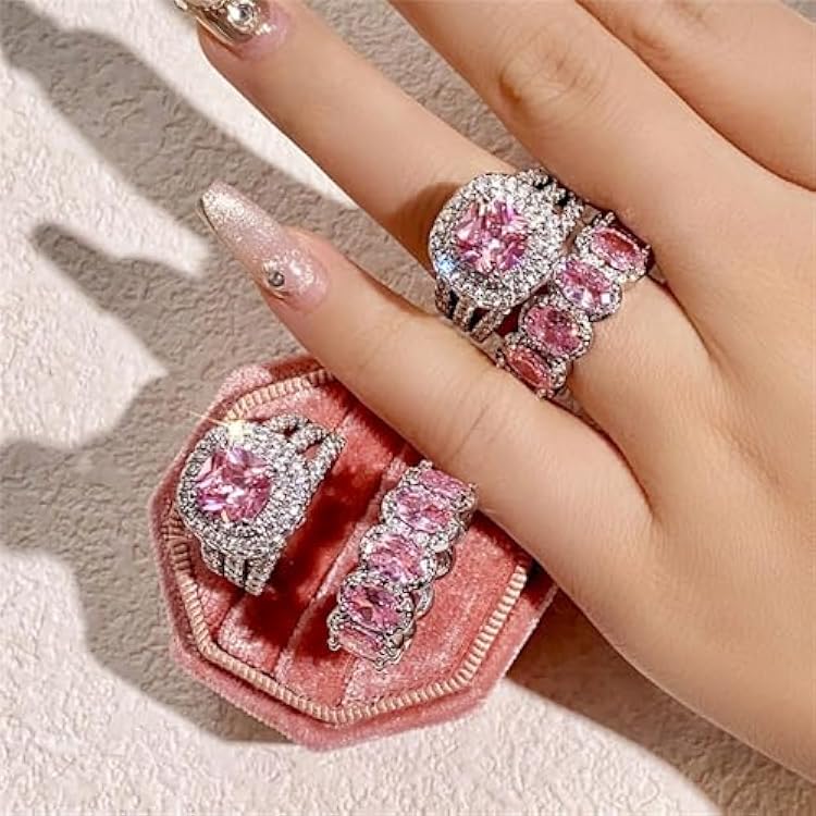925 Sterling Silver Shiny Full Diamond Gemstone Ring 2Pcs 18K Gold Pink Cubic Zirconia Promise Rings CZ Bride Diamond Multi Row Ring Eternity Engagement Wedding Party Band Ring Sets A.18 US Code 10