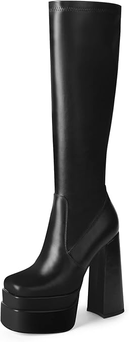 WETKISS Stacked Platform Knee High Boots for Women, Chunky High Heeled Black PU Leather Boots Square Toe Side Zip Stretch Go-Go Boot, B-matte Black, 7 UK