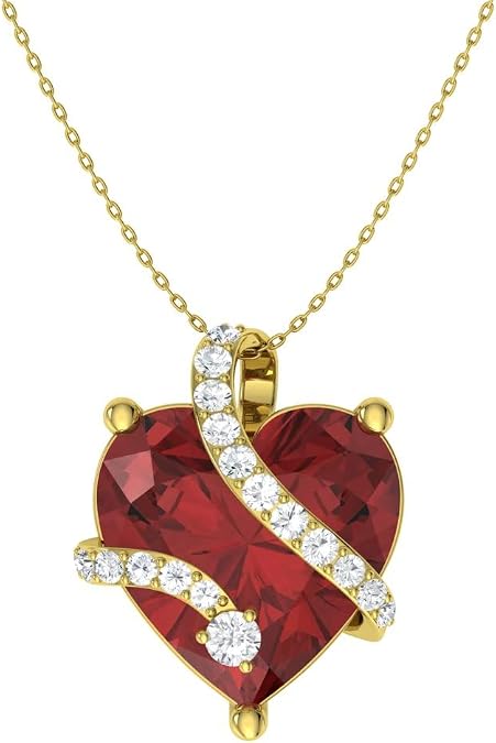 Diamondere Natural and Certified Heart Cut Garnet and Diamond Wrap Heart Petite Necklace in Yellow Gold Plated | 1.68 Carat Pendant with Chain