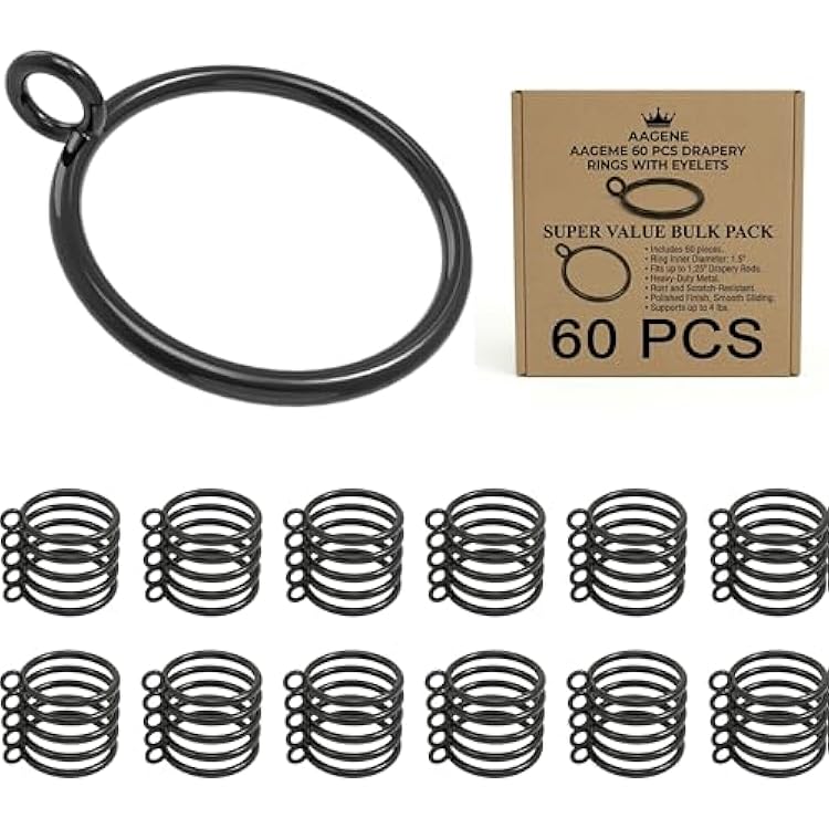 60 PCS Black Curtain Rings, Metal Curtain Rings with Eyelets for Up to 1 14 Inch Curtain Rod 1.5 Inch Drapery Rings