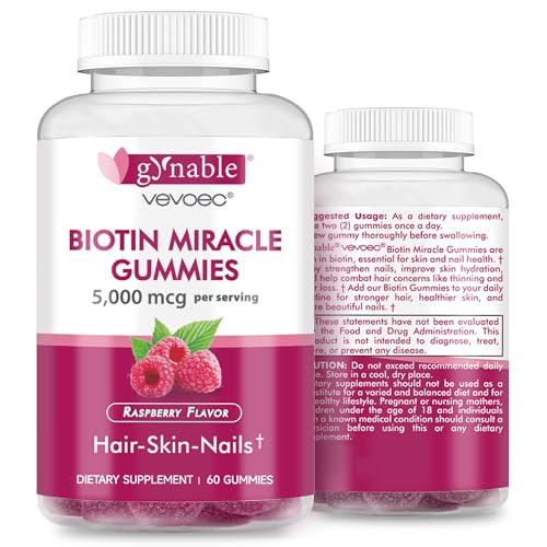 Hair Skin and Nails Vitamins: Biotin Gummies - 5000mcg Biotin for Hair Growth and Stronger Nails for Women & Men - Vegan Gummy Vitamin B7, 30 Days Supply, Raspberry,60 Counts