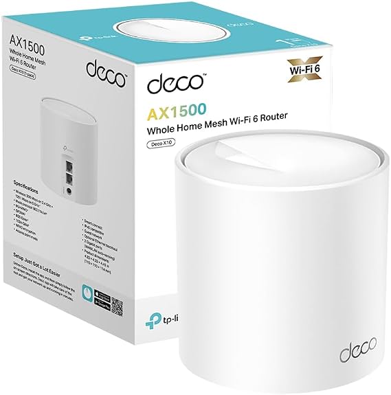 TP-Link Deco X10 1-pack, AX1500 Mbps, Coverage Up to 190 m², Connection Up to 120 Devices, Gigabit Port, Easy Installation with Mobile Application, Artificial Intelligence Supported Wi-Fi 6 Mesh System