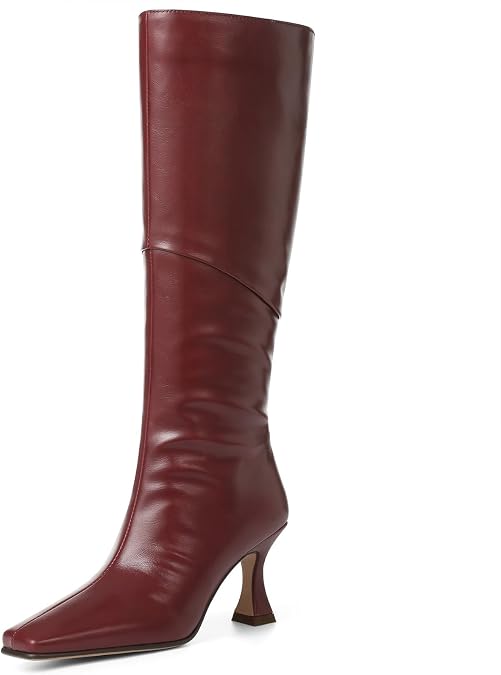 AMINUGAL Knee High Boots for Women Square Toe Kitten High Heel Tall Boots Fashion Side Zipper Stiletto Heel Long Boots for Wedding Party Wear
