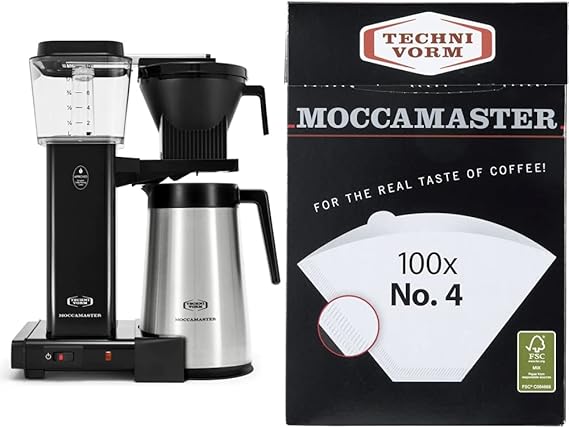 Technivorm Moccamaster 79314 KBGT thermal Carafe 10-Cup Coffee Maker 40 Ounce, Black 1.25l & #4 White Paper Filters, 100-count per box