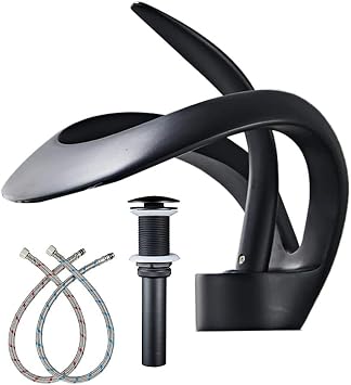 Bathroom Sink Faucet Waterfall Round Single Handle One Hole Black Without Overflow Drain Stopper