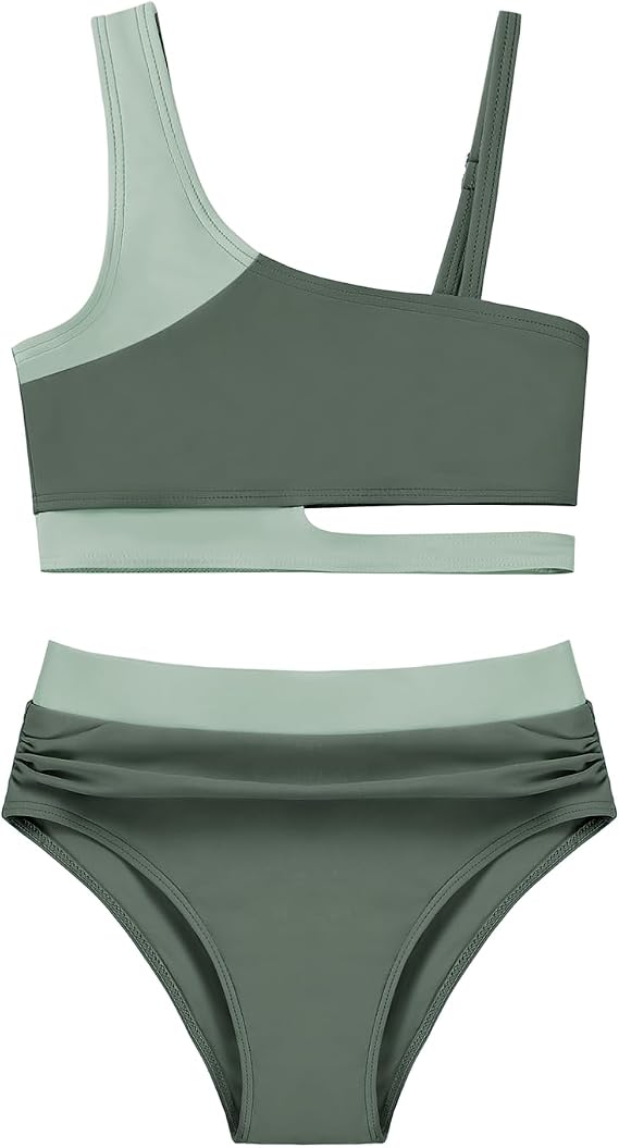 Girls 2 Piece Bathing Suits Kids Color-Blocking High Waist Bikini Set Teen Swimsuit Beach Swimwear for 3-16 Years