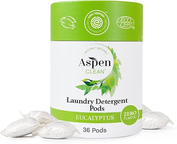 AspenClean Laundry Detergent Pods | Eucalyptus & Rosemary | 36 Count | EWG Verified | Zero Plastic | Non-Toxic | Plant Based & Vegan | Made for Sensitive Skin