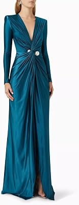 UOOZEE Long Formal Dresses for Women Gowns Evening Party Cocktail Dress,Split Elegant V Neck Pleated Wedding Guest Dresses