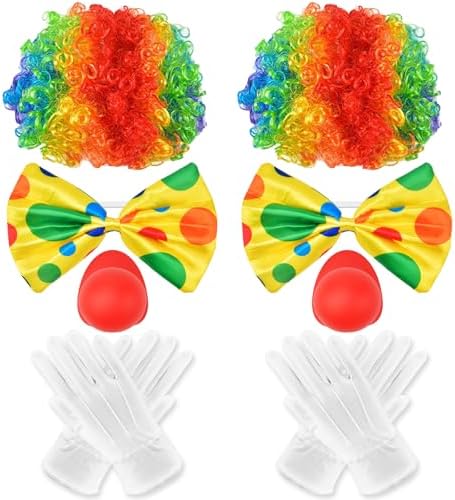 Adult Clown Costume Accessories,Wig, Red Nose,Bow Tie, White Gloves for Halloween Carnival Pretend Play